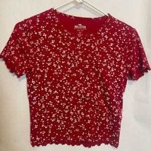 Hollister, Red with White flowers, Small, Crop top, Baby Tee